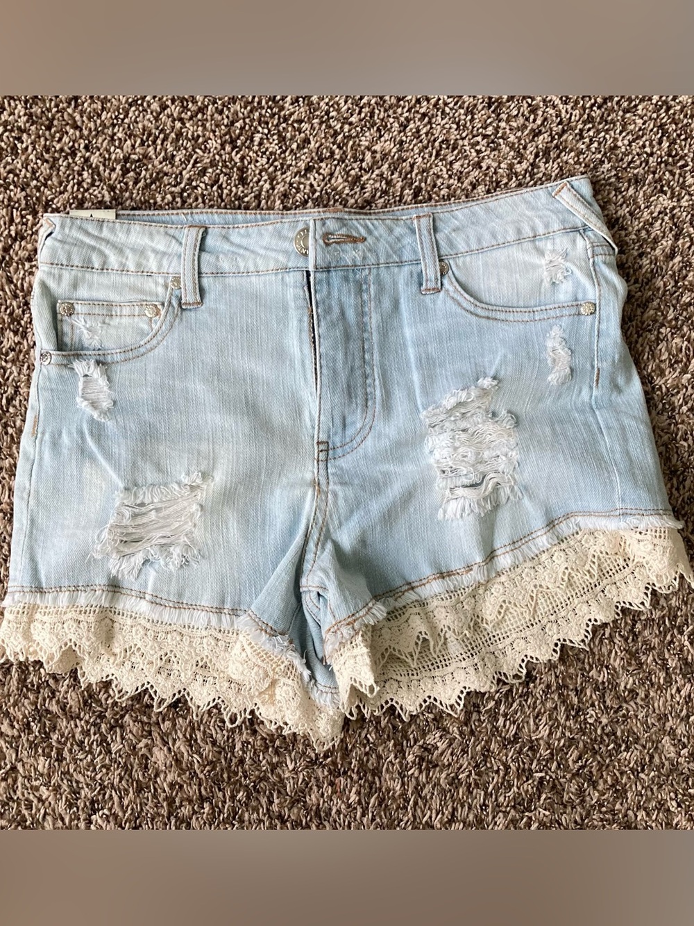 Celebrity Pink Light Blue Distressed Denim Shorts with Cream Crochet Hem